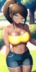 1girls ai_generated asahina_aoi big_breasts blush cleavage danganronpa danganronpa:_trigger_happy_havoc dark-skinned_female dark_skin denim_shorts female female_only large_breasts looking_at_viewer midriff n.c.b_ai nai_diffusion park ponytail shorts smile solo stable_diffusion tank_top tight_clothing wink