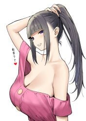 1girls 2022 absurd_res aimi_(sky_(freedom)) arm_up bare_arms bare_shoulders black_hair blush breasts bunching_hair cleavage clothing eyebrows_visible_through_hair female female_only grin hair_grab heart highres japanese_text joshi_kōsei_rich_thots large_breasts light-skinned_female light_skin looking_at_viewer mole mole_under_mouth no_bra off-shoulder_shirt off_shoulder original pink_shirt ponytail purple_eyes shirt simple_background sky_(freedom) smile solo teeth text translated white_background