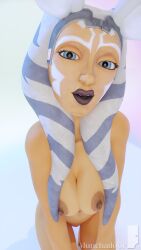 1girls 3d ahsoka_tano airress3d_(3d-modeller) alien alien_girl athletic_female blue_eyes bunny_ears female female_only kneeling looking_at_viewer medium_breasts munchadoor orange_skin ring_light solo star_wars the_clone_wars:_season_seven togruta waist