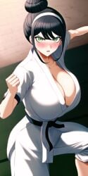 1girls above_view ai_generated big_breasts black_belt blush blushing_profusely breasts chabashira_tenko cleavage danganronpa danganronpa_v3 dojo female female_only fighting_stance green_eyes hair_bun hairband hanging_breasts huge_breasts looking_at_viewer martial_arts_uniform n.c.b_ai nai_diffusion smile solo stable_diffusion