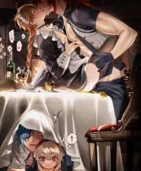 2boys aether_(genshin_impact) alcohol blonde_hair condom condoms date diluc_(genshin_impact) dinner dinner_date dinner_table fireplace gay genshin_impact hiding high_quality high_resolution kaeya_(genshin_impact) kissing klee_(genshin_impact) long_hair maid_uniform male pnk_crow red_hair sneaking surprised table tagme yaoi