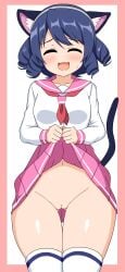 absurd_res animal_humanoid black_hair blush bodily_fluids breasts cat_humanoid closed_eyes clothing cyan_(show_by_rock!!) cyan_hijirikawa domestic_cat felid felid_humanoid feline feline_humanoid felis female footwear genitals hair hi_res humanoid long_socks mammal mammal_humanoid navel open_mouth pussy sanrio school_uniform short_hair show_by_rock!! simple_background socks solo sweat uniform