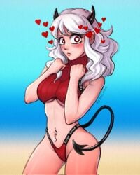 1girls blush crop_top cute devil_horns devil_tail embarrassed female gravey_draws heart heart-shaped_pupils helltaker horns large_breasts long_hair looking_at_viewer modeus_(helltaker) navel navel_piercing nervous panties red_eyes shy solo tail underboob white_hair