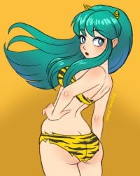 1girls ass ass_cleavage blue_eyes butt_crack eyeshadow female female_only gravey_draws green_hair hand_on_hip long_hair looking_back lum plain_background skimpy solo surprised tight_clothing torn_clothes urusei_yatsura