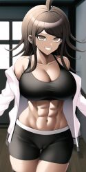 1girls abs ahoge ai_generated big_breasts breasts bursting_breasts cameltoe cleavage danganronpa danganronpa_2:_goodbye_despair dark-skinned_female dark_skin female female_only gym_shorts gym_uniform indoors jacket looking_at_viewer midriff n.c.b_ai nai_diffusion owari_akane shorts smile solo sports_bra stable_diffusion undressing