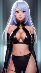 ai_generated blurry_background breast_window eyebrows_visible_through_hair female_only long_gloves long_hair medium_breasts underwear white_hair