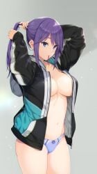 1girls 2022 adjusting_hair blue_eyes blue_panties breasts clothing eyebrows_visible_through_hair female female_only grey_background highres hooded_jacket iizuki_tasuku jacket large_breasts mouth_hold navel no_bra open_clothes open_jacket original panties purple_hair simple_background solo standing thighs tying_hair underwear