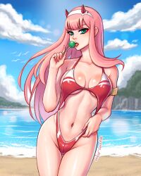 1girls alternate_version_available bangs beach blue_sky cleavage darling_in_the_franxx female gravey_draws green_eyes large_breasts licking_lollipop lollipop long_hair looking_at_viewer navel ocean one-piece_swimsuit outside pink_hair solo swimsuit zero_two_(darling_in_the_franxx)