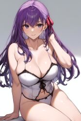 1girls ai_generated breasts fate/grand_order fate/stay_night fate_(series) female large_breasts light-skinned_female light_skin lingerie long_hair looking_at_viewer matou_sakura purple_hair simple_background smile solo solo_female stable_diffusion thick_thighs