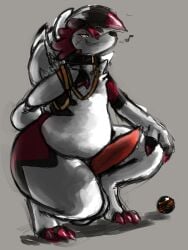 2021 anthro belly big_belly bodily_fluids collar cum erection fur generation_7_pokemon genital_fluids genitals hand_on_knee hand_on_leg hi_res looking_at_viewer lycanroc male musical_note nintendo penis pokeball pokemon pokemon_(species) raster_dreams red_body red_fur simple_background solo solo_focus white_belly