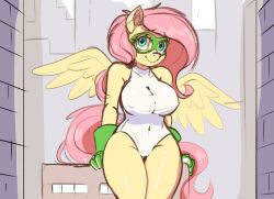 anthrofied blue_eyes building camel_toe city clothing equid equine fluttershy_(mlp) friendship_is_magic gloves hair hair_on_head handwear hasbro hi_res leaning leotard looking_at_viewer macro mammal my_little_pony nipple_outline pegasus pink_hair raps skyscraper smile solo superhero wings