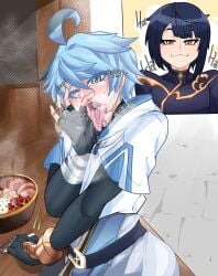 2boys :3 ahe_gao ahoge arm_warmers bandages bedroom_eyes belt blue_hair bracer chillie chinese_clothing chinese_food chongyun_(genshin_impact) chopsticks cobblestone commissioner_upload cyan_eyes cyan_hair date drooling fellatio_gesture femboy food genshin_impact gloved_hands gold_eyes hoodie ian_mimu jacket male male_only meat panting pepper personality_change petite pov reaction restaurant saliva_trail sexually_suggestive short_hair sleeves slobber slut spit steam steaming_body steamy_breath sweat tongue tongue_out xingqiu_(genshin_impact)