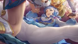 2girls assertive assertive_female blonde_hair blue_eyes cameltoe couch dress female female_only fully_clothed genshin_impact hi_res holding_hands kamisato_ayaka kamisato_ayaka_(springbloom_missive) lumine_(genshin_impact) lying on_couch pantyhose pussy smile spread_legs white_hair white_legwear yuri