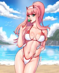 1girls alternate_version_available bangs beach bikini blue_sky cleavage darling_in_the_franxx female gravey_draws green_eyes large_breasts licking_lollipop lollipop looking_at_viewer navel ocean outside pink_hair ponytail solo swimsuit zero_two_(darling_in_the_franxx)