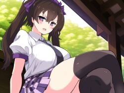 1girls 2d 2d_(artwork) angry_expression angry_eyebrows ao_norifuji bewitching_thighs big_breasts black_kneehighs black_legwear black_tie blurry_background blush breasts brown_hair checkered_skirt clothed clothed_female clothing crossed_legs eyebrows female female_only hair_ribbon hat hatate_himekaidou huge_thighs humanoid indoors japanese kneehighs long_hair looking_at_viewer looking_down miniskirt open_mouth purple_bow purple_eyes purple_hat purple_ribbon purple_skirt purple_sleeves shirt short_sleeves sitting skirt slave_handles solo solo_female solo_focus thick_thighs thighs tokin_hat touhou twintails visible_ears white_shirt