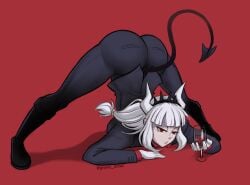 1girls ass ass_up bangs big_ass clothed devil_horns devil_tail female flexible glass gravey_draws half-closed_eyes helltaker horns jack-o_pose looking_at_viewer lucifer_(helltaker) pale_skin plain_background red_eyes seductive_look solo tail tight_pants white_hair