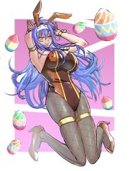 1girls alboeire alternate_costume breasts bunny_ears bunny_girl bunnysuit cleavage easter egg female female_only fire_emblem fire_emblem:_path_of_radiance fire_emblem:_radiant_dawn fishnet_legwear fishnets gesture green_eyes high_heels large_breasts leotard long_hair mia_(fire_emblem) nintendo pantyhose purple_hair smile solo very_long_hair