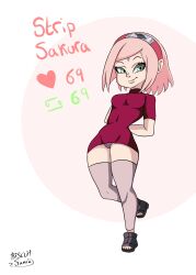 1girls 2022 arms_behind_back dress green_eyes love low-angle_view naruto ninja pink_hair sakura_haruno smile standing thick_thighs underskirt underwear undressing