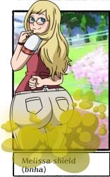 blonde_hair blue_eyes blush brap fart farting melissa_shield my_hero_academia rear_view smile solo thomzone