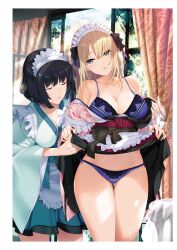 2021 2girls absurd_res ass_visible_through_thighs assisted_exposure black_hair blonde_hair blue_eyes bra breasts cleavage closed_eyes clothed clothing curtains eyebrows_visible_through_hair female female_only highres iizuki_tasuku indoors japanese_clothes kimono large_breasts leaning_forward lifted_by_self long_hair looking_at_viewer maid maid_headdress maid_uniform multiple_girls navel off_shoulder open_mouth original panties purple_bra purple_panties short_hair skirt_lift standing sunlight thick_thighs thighs tongue underwear undressing uniform window