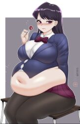 bbw belly_overhang big_belly big_breasts blush bowtie chubby chubby_female embarrassed fat fat_female fat_girl fat_woman fatty kipteitei komi-san_wa_komyushou_desu komi_shouko lollipop obese obese_female overweight overweight_female pork_chop purple_hair school_uniform sitting sitting_on_table skirt thick_thighs