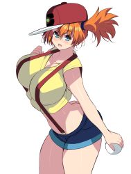 1girls absurdres alternative_bust_size aqua_eyes asymmetrical_hair bare_arms bare_legs bare_shoulders baseball_cap blue_eyes blush breasts cowboy_shot creatures_(company) curvy denim denim_shorts fangs game_freak gym_leader hair_between_eyes hat highres holding holding_poke_ball huge_breasts kasumi_(pokemon) large_breasts legs looking_at_viewer masao nintendo oerba_yun_fang open_mouth orange_hair poke_ball pokemon pokemon_(anime) pokemon_(classic_anime) ponytail shiny_skin shirt short_hair short_ponytail short_shorts shorts side_ponytail sideboob simple_background sleeveless sleeveless_shirt smile solo suspenders tank_top teeth thighs underwear wide_hips yellow_shirt