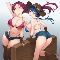 2girls arm_up ass big_ass big_breasts bikini_top blue_hair blush boots breasts cow_girl cowboy_boots cowboy_hat cowgirl_outfit female female_only fingerless_gloves gloves hazel_eyes heeled_boots hotpants human large_breasts leg_raise leg_up light-skinned_female light_skin long_hair looking_at_viewer love_live! love_live!_sunshine!! multiple_girls panties panty_straps pink_eyes ponytail pose purple_hair sakurauchi_riko short_shorts shorts shortstack tem10 thighs thong thong_above_shorts thong_straps tsushima_yoshiko