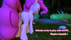 16:9 3d 3d_(artwork) 4k absurd_res anus bodily_fluids comic dialogue digital_media_(artwork) dripping earth_pony english_text equid equine female feral forest forest_background friendship_is_magic genital_fluids genitals hasbro hi_res horse looking_at_object looking_down mammal my_little_pony nature nature_background olkategrin outside pinkie_pie_(mlp) plant pond pony pussy pussy_juice pussy_juice_drip rock sad solo source_filmmaker standing talking_to_self text tree water widescreen