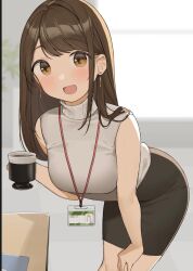 bent_over big_breasts blush brown_hair brown_skirt cup earrings female grey_shirt high-waist_skirt holding holding_cup id_card indoors jewelry lanyard long_hair office_lady ol-chan_(ol_mahonanoka) ol_mahonanoka open_mouth original pencil_skirt shirt skirt sleeveless sleeveless_turtleneck sweater turtleneck yellow_eyes