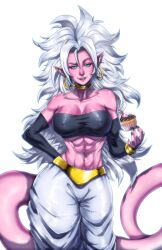 1girls abs android_21 android_21_(good) athletic_female belly_button big_breasts bio-android_(dragon_ball) black_nails blue_eyes cupcake dragon_ball dragon_ball_fighterz fit_female jewelry looking_at_viewer majin_android_21 muscular_arms muscular_female navel piercing pink_skin pointy_ears six_pack smile solo solo_female tail white_hair