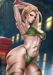 1girls abs absurd_res absurdres alternate_version_available arched_back arm_up armpit armpits arms_up athletic athletic_female bare_arms bare_shoulders bare_skin bare_thighs big_breasts bikini bikini_bottom bikini_top blonde_hair blue_eyes breasts british british_female busty cammy_stretch cammy_white capcom child_bearing_hips cleavage clothed clothed_female clothing curvaceous curvy curvy_figure dandon_fuga facial_scar female female_focus female_only fit fit_female fully_clothed green_bikini high_resolution highres hips large_breasts large_filesize light-skinned_female light_skin looking_at_viewer navel scar scar_on_face shaved_armpit short_hair shoulder_length_hair solo stomach street_fighter street_fighter_6 stretching swimsuit thick thick_female thick_thighs thighs toned toned_body toned_female toned_stomach very_high_resolution voluptuous voluptuous_female