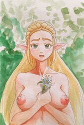 1girls artistic_nude blonde_hair cottagecore elf_ears flower green_eyes hands_between_breasts holding_flower large_breasts open_mouth perky_breasts princess_zelda solo the_legend_of_zelda traditional_media_(artwork) watercolor_(artwork) zelda_(breath_of_the_wild) 村人h_(pixiv)