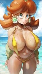 1girls 2023 absurd_res areolae big_breasts bikini_tan blue_eyes breasts brown_hair busty cleavage crown ear_piercing earrings female female_focus female_only flower_earrings freckles freckles_on_breasts freckles_on_face freckles_on_shoulders hair headwear huge_breasts large_breasts lips mario_(series) navel nintendo noblood orange_sling_bikini princess_daisy skimpy skimpy_bikini sling_bikini smile solo solo_female tanline tanlines thick_lips thick_thighs thighs voluptuous water