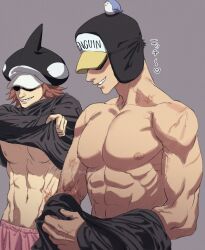 2boys big_pecs brown_hair covered_eyes grin hat headwear male male_only momimimiya muscular muscular_male nipple_piercing one_piece pecs penguin_(one_piece) scars shachi_(one_piece) shaded_face sharp_teeth shirt_lift sunglasses topless topless_male undressing veiny_muscles