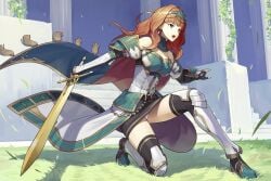 1girls absurdres alternate_costume bare_thighs black_gloves black_skirt black_thighhighs breasts celica_(fire_emblem) celica_(valentia&#039;s_hope)_(fire_emblem) cleavage column commission dress elbow_gloves female female_only fingerless_gloves fire_emblem fire_emblem_echoes:_shadows_of_valentia fire_emblem_heroes gloves grass green_hairband hairband highres holding holding_sword holding_weapon long_hair metal_hairband mytea_(soso) nintendo official_alternate_costume open_hand open_mouth orange_eyes orange_hair panties pantyshot pillar skeb_commission skirt small_breasts solo stairs strapless strapless_dress sword thighhighs underwear weapon white_dress white_panties