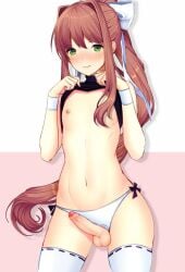 1femboy balls bangs biting_lip black_shirt bluefield bowtie brown_hair color crossdressing crossdressing_male doki_doki_literature_club erect_penis erection femboy flat_chest genderswap_(ftm) girly green_eyes hair hair_covering_breasts hair_over_breasts hair_over_one_breast hourglass_figure human legwear lifting_shirt long_hair monika_(doki_doki_literature_club) navel nipples panties panties_aside penis plain_background rule_63 shirt_lift solo thighhighs trap uncircumcised uncut white_bow white_panties