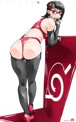 1girls against_table arched_back ass ass_focus bent_over big_ass big_butt biting_lip black_eyes black_gloves black_hair black_legwear black_socks black_thighhighs boruto:_naruto_next_generations bra dat_ass elbow_gloves female female_focus female_only fingerless_gloves footwear forehead_protector glasses gloves gym_uniform headband heels hi_res high_heels high_resolution highres konohagakure_symbol large_ass legwear light-skinned_female light_skin looking_at_viewer looking_back mike156 nail_polish naruto naruto_(series) painted_nails pale-skinned_female pale_skin panties pink_nail_polish pink_nails pinup presenting_ass presenting_butt red_bra red_heels red_high_heels red_panties red_thong red_underwear sarada_uchiha seductive seductive_eyes seductive_look seductive_mouth seductive_smile short_hair shounen_jump socks solo solo_female solo_focus sports_bra stockings teenager teeth thigh_socks thighhighs thong tomboy underwear white_background