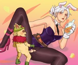 anthro_penetrating battle_bunny_riven bigger_female boots bunny_ears bunny_girl bunnysuit cum cum_in_pussy cum_inside drunk female_domination gloves high_heels interspecies laying_down league_of_legends league_of_legends:_wild_rift leggings legwear missionary_position orgasm_face pantyhose penis penis_in_pussy red_eyes riven sex smaller_male spread_legs teemo torn_clothes torn_clothing torn_pantyhose vaginal_penetration white_hair