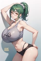 1girls 2023 ai_art_panwho ai_generated breasts female glasses green_hair hi_res hips huge_breasts jujutsu_kaisen large_breasts light-skinned_female light_skin long_hair massive_breasts ponytail short_shorts sportswear stable_diffusion swimsuit_bottom tank_top tanktop thick_thighs thighs thong_straps voluptuous wide_hips yellow_eyes zenin_maki