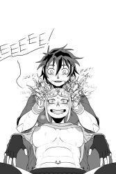 1boy 1girls black_and_white dialogue female hair hair_bun hair_fetish head_rub himiko_toga izuku_midoriya kiahl lobsterkiahl male muscular_male my_hero_academia pierced_belly_button piercing scar self_upload shounen_jump uncommon_stimulation