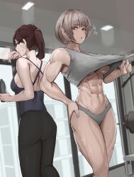 2girls abs bare_arms bare_midriff bare_thighs biceps black_eyes brown_hair deltoids fit_female forearm_muscles grey_hair grey_panties grey_tank_top gym hand_on_hip holding_bottle korean_text large_breasts long_pants looking_at_another looking_back muscular muscular_female original ponytail pulling_clothing quads red_eyes short_hair soolee040995 sportswear sweat_on_breasts sweating sweaty_body thick_thighs underboob white_skinned_female