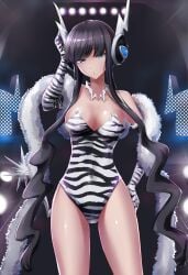 1girls black_hair blue_eyes breasts coat cosplay elbow_gloves elesa_(pokemon) fur_coat gloves hand_on_hip headphones jojobirdz large_breasts leotard looking_at_viewer necklace nintendo pokemon pokemon_(cosplay) pokemon_bw solo striped_gloves striped_leotard twintails zebra_print zebstrika_(cosplay)