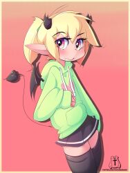 blonde_hair cute demon_wings devil_tail elf_ears femboy hoodie hoodie_(artist) leggings looking_at_viewer max_(hoodie) pink_eyes skirt thick_thighs thighhighs