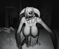 1futa 6:5 absurd_res all_fours anthro big_breasts black_and_white breasts creepy forest forest_background futanari genitals gynomorph hi_res horn humanoid humanoid_genitalia humanoid_penis intersex kneeling looking_at_viewer mammal monochrome monster monstrous_humanoid nature nature_background nipples nude penis plant solo sweetmeat teeth tree