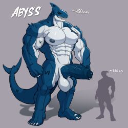 absurd_res abyss_(e-zoid) anthro balls barazoku big_balls big_penis e-zoid fish foreskin genital_piercing genitals hi_res huge_balls huge_cock male marine muscular nipples penis penis_piercing piercing prince_albert_piercing roman_numeral shark sharp_teeth size_difference solo tail teeth vein