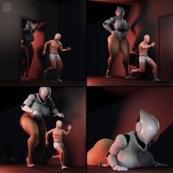 1boy big_breasts big_dom_small_sub breast_smother chasing comic faceless_male female growth growth_sequence haydee haydee_(game) high_heels larger_female robot robot_girl robotic_hands sandreiio size_difference smaller_male smothering