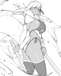 fate/grand_order fate_(series) female minew miyamoto_musashi_(fate) miyamoto_musashi_(swimsuit_berserker) miyamoto_musashi_(swimsuit_berserker)_(third_ascension)_(fate) monochrome sketch tan_body