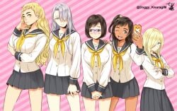 10s 5girls ;d black_hair blonde_hair blue-framed_eyewear blue_eyes blush brown_eyes cellphone christophe_giacometti crossed_arms dark-skinned_female dark_skin genderswap_(mtf) glasses green_eyes grey_eyes hair_over_one_eye hand_on_another's_shoulder katsuki_yuuri kisaragi_mizu multiple_girls one_eye_closed one_side_up open_mouth phichit_chulanont phone pleated_skirt rule_63 school_uniform serafuku silver_hair skirt smartphone smile striped striped_background twitter_username viktor_nikiforov yuri!!!_on_ice yuri_plisetsky