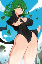 1girls alternate_breast_size annoyed annoyed_expression aura backround big_breasts black_clothes black_clothing black_dress clothed clothing clouds color colored colored_background covered_navel curly_hair detailed_background female female_focus female_only floating_object green_eyes green_hair human large_breasts large_thighs looking_at_viewer looking_down melonpuff nipples_visible_through_clothing one-punch_man sassy sky solo tatsumaki telekinesis