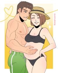 1boy 1girls brown_hair chris_redfield couple dangerousbride female hand_on_pregnant_belly jill_valentine male male_focus pregnant pregnant_female resident_evil